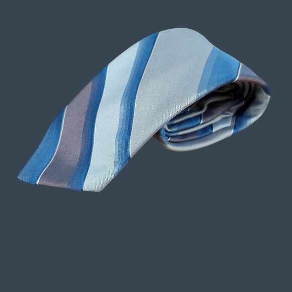 Mens Designer Collection Tie By Regal Blue & Gray Striped Polyester - Picture 1 of 6